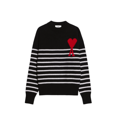 아미(AMI de Coeur Striped Sweater Black White) 빅 하트 로고 스트라이프 스웨터 블랙 화이트